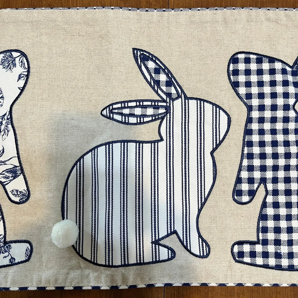 Blue White Bunny Table Runner Gingham Floral Easter Farmhouse Runner 47.5